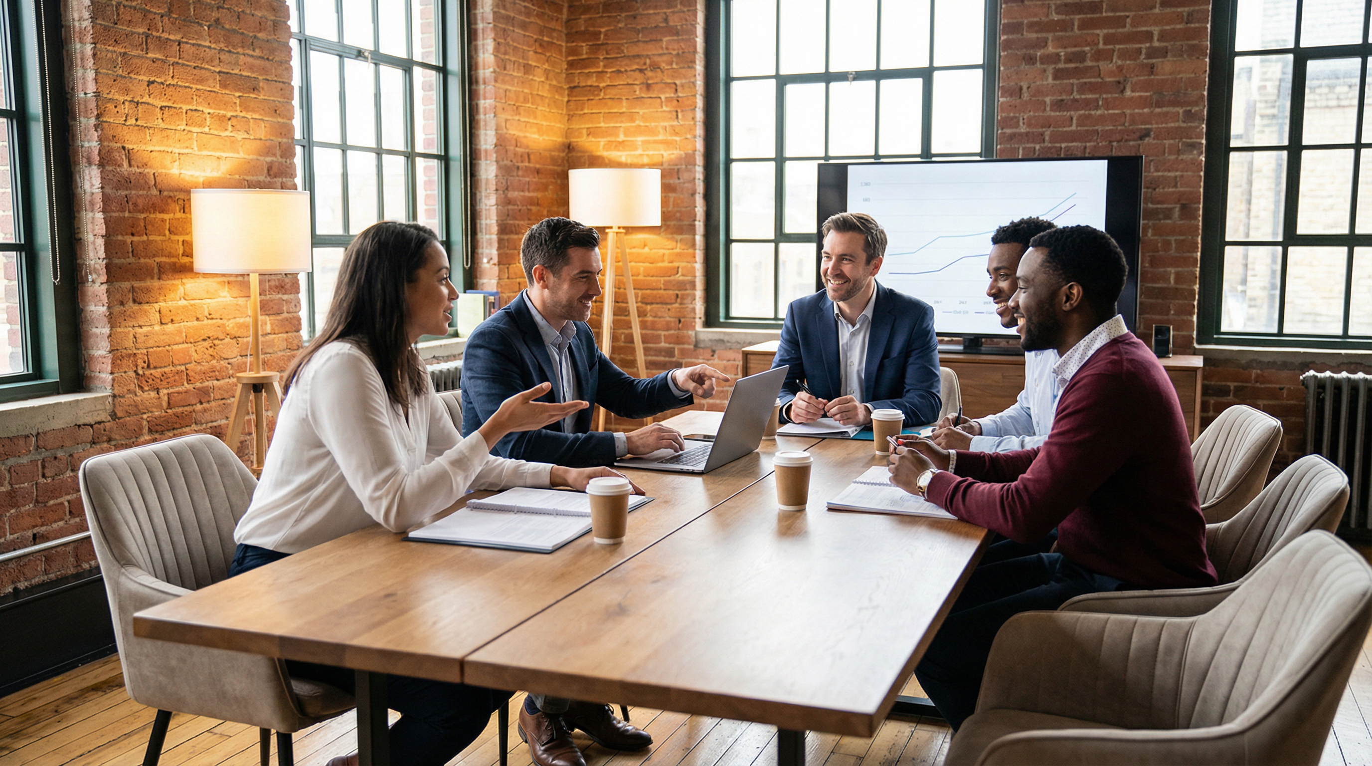 Dynamisches Sales-Team in Verhandlungssituation im Loft-Konferenzraum
